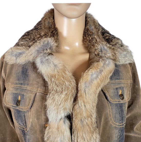 Marie Claire Jeans Tan/Blue Denim Jacket with Fur Cuffs Collar Trim size M - Picture 2 of 12